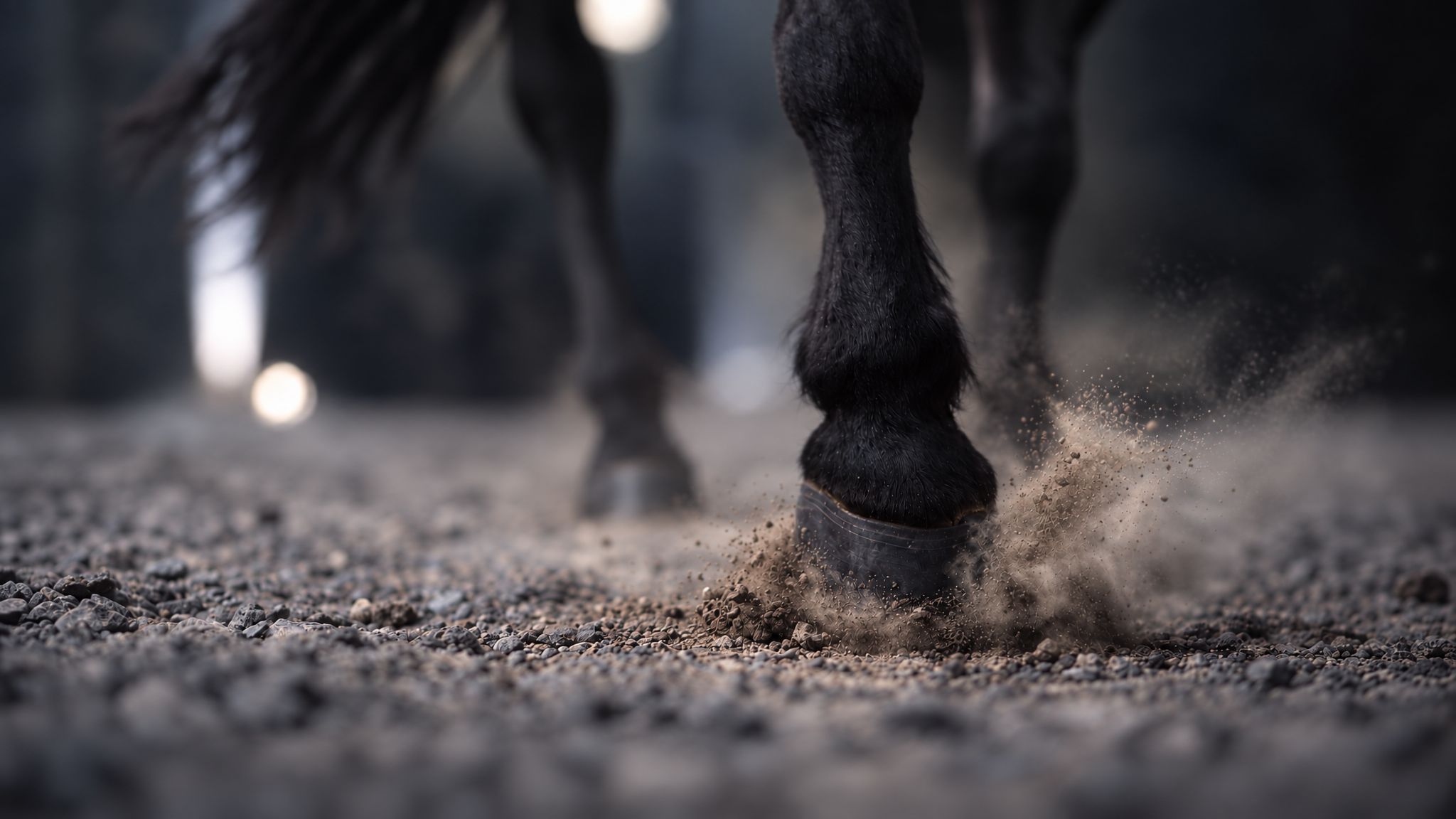 Close-up of a black horse's hoof kicking up dust on gravel